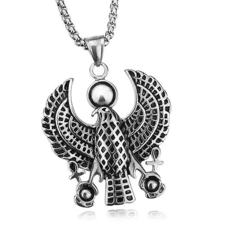 Silver Stainless Steel Kemet Horus Falcon Pendant Necklace